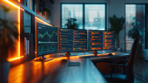 A realistic office with computer screens showing code