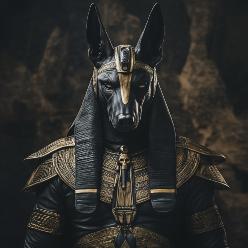 A realistic photo of Anubis with pharaoh helmet