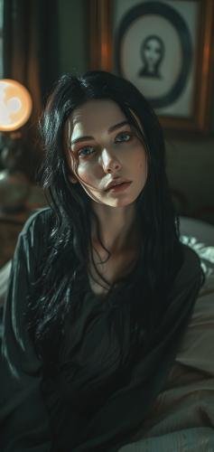 A realistic photo of Morticia Addams at night