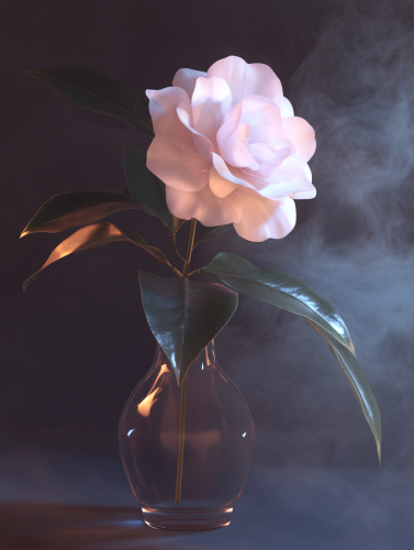 A realistic photo of a camelia flower vase
