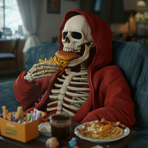 A realistic skeleton enjoys gluttonous feast at home