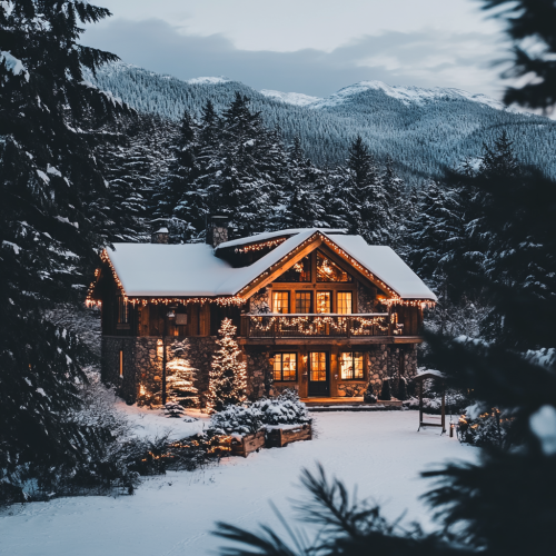 A realistic snowy scene in a Canadian cabin