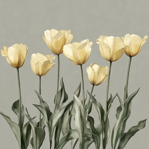 A realistic watercolor of yellow tulips in a row A realistic watercolor of yellow tulips in a row