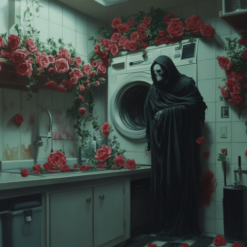A reaper in laundry room with rose-filled machines