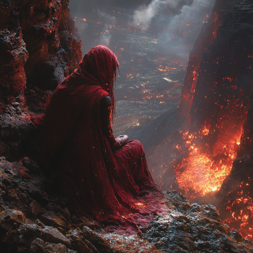 A red female djinn in dark cave with fire.