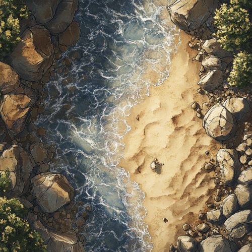 A river bank with rocks, sand and river