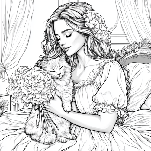 A romantic girl with fluffy cat and peonies, Coloring Page