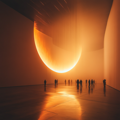 A room in museum with curved walls, light shaft.