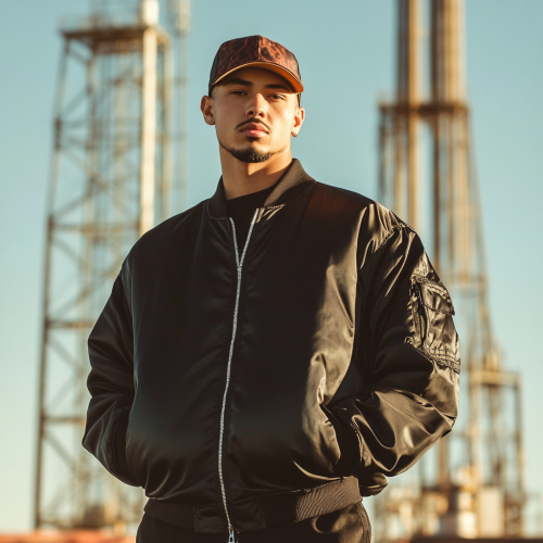 A roughneck model in black bomber jacket