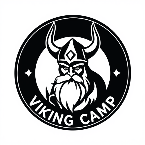 A round black and white Viking camp logo.