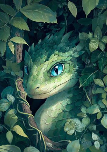 A sad green dragon in lush nature