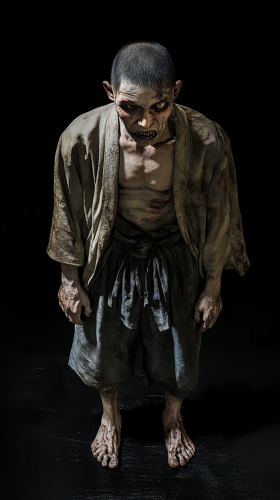 A scared Japanese man in old clothes