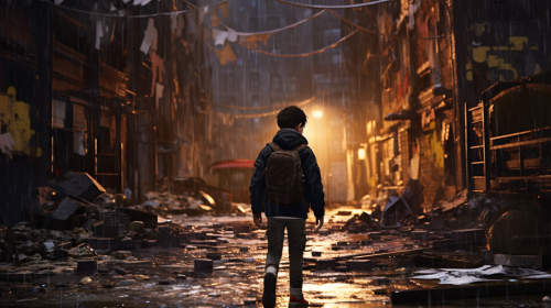 A scared boy walks through destroyed city at night