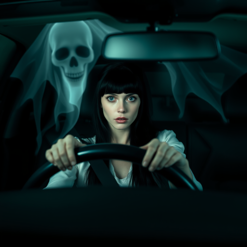 A scared lady in her car with a ghost.