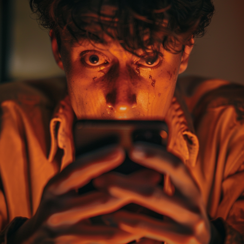A scared man holding a phone in panic
