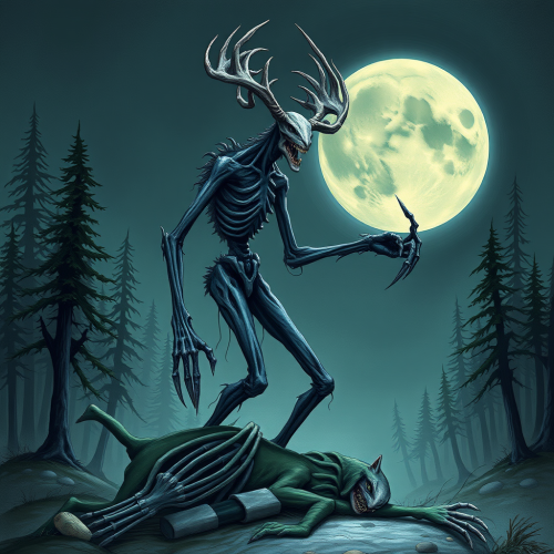 A scary creature standing in the forest.