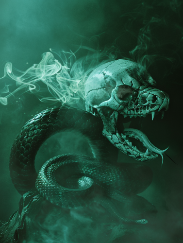 A scary snake next to a skull