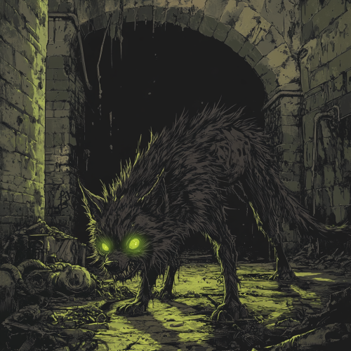 A scary wolf-like creature with green eyes in sewer