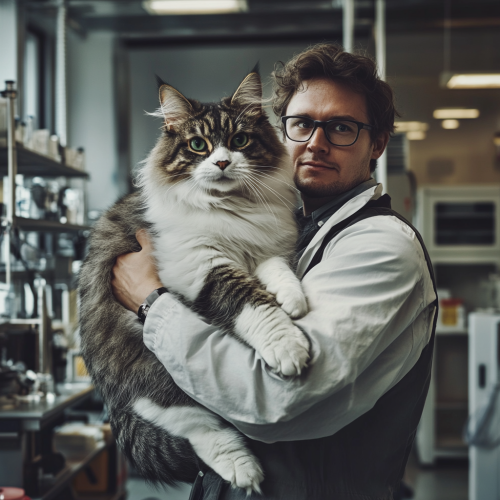 A scientist holding a giant cat in lab.
