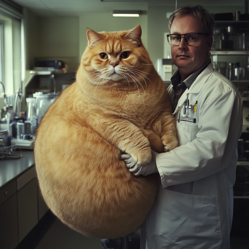 A scientist holding a giant round cat in lab.