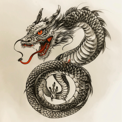 A sepia dragon with red eyes tattoo