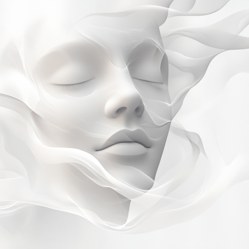 A serene face surrounded by abstract shapes, symbolizing calmness