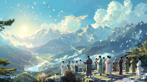 A serene gathering of Korean Christians united in prayer.