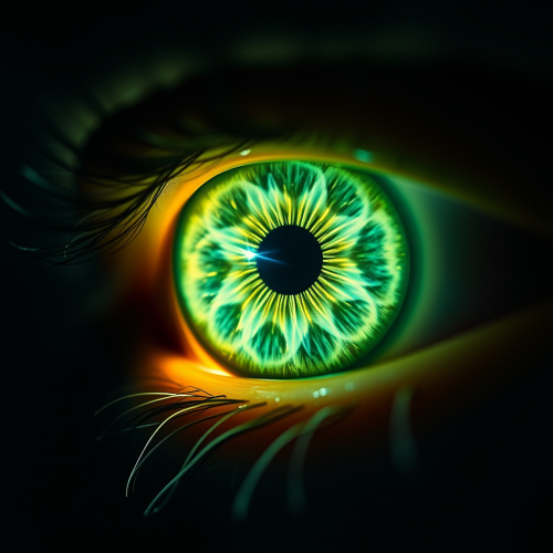 A shining green star eye in close-up photo.