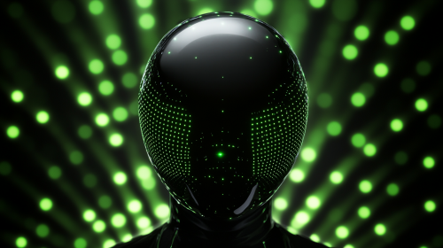 A shiny black robot head in glowing green