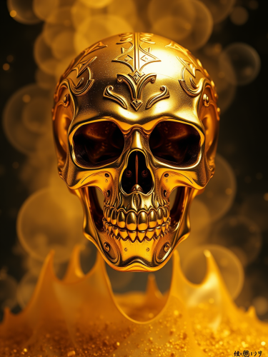 A shiny gold skull on a black background.
