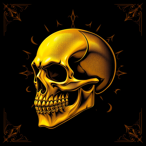 A shiny golden skull in a dark cave.