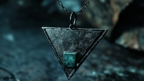 A shiny necklace with big black triangle and small square.