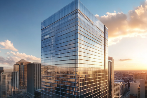 A shiny tall building in busy city