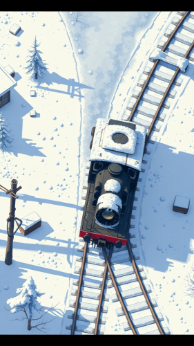 A side-view steampunk train in snowy pixel art.
