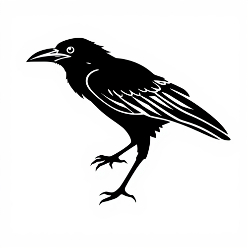 A simple black and white silhouette of a raven.