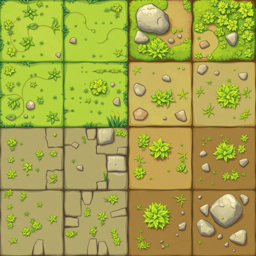 A simple cartoon-style top-down grass game tileset.