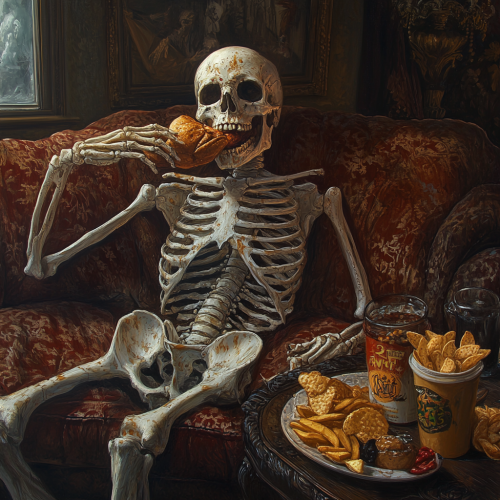 A skeleton enjoying a feast at home
