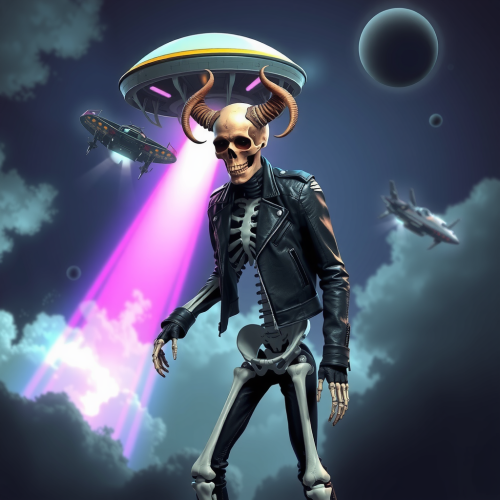 A skeleton with horns abducted by purple spaceship.