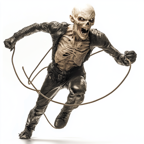 A skinny creature with skull face runs angrily