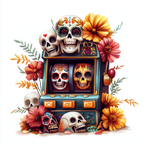 A slot machine with skulls and flowers on white