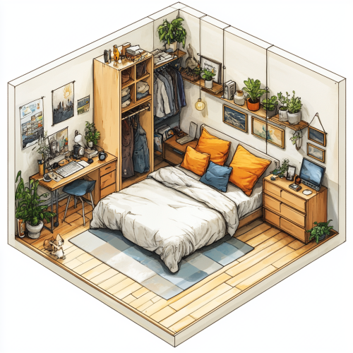 A small 25m2 square room cluttered with furniture. A small 25m2 square room cluttered with furniture.