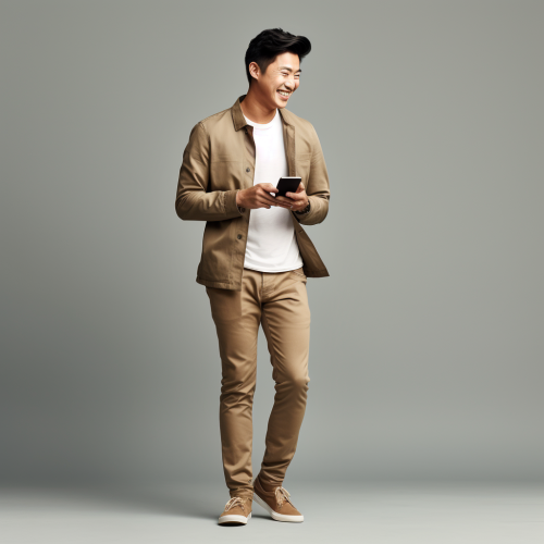 A smiling 30-year-old Asian man looking at phone