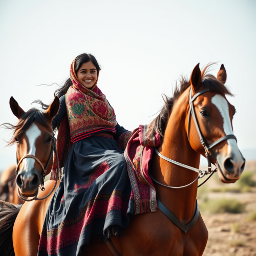 A smiling Iranian girl rides brown horse gracefully.