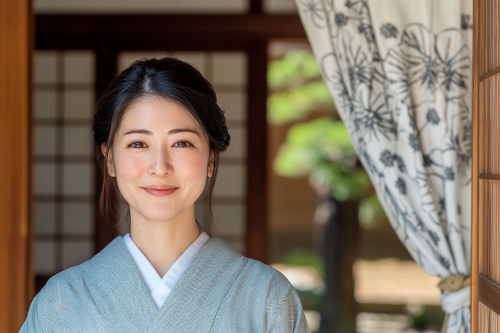 A smiling Japanese woman in front of building