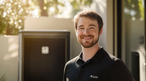 A smiling engineer in black shirt with pump