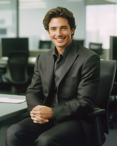 A smiling man in gray suit sitting in office