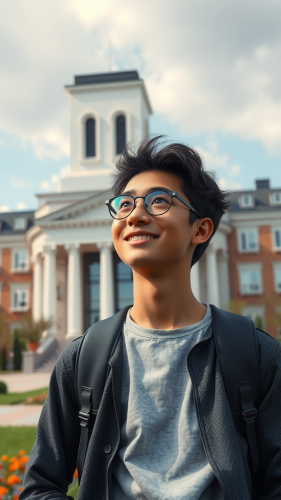 A smiling student faces university worries in 3D.