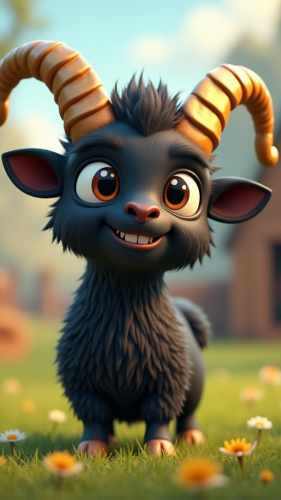 A sneaky black goat with golden horns smile.