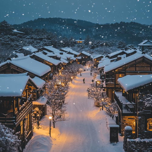 A snowy Christmas village at dusk in winter