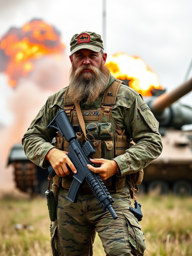 A soldier with gun in battlefield with tank.